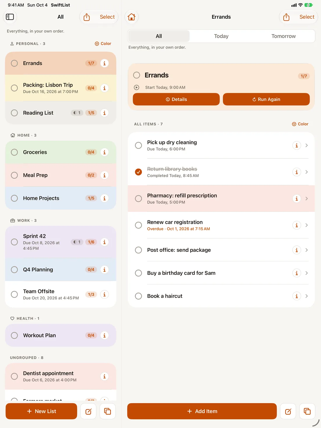 SwiftList on iPad with a sidebar, the list of lists, and the Errands list open beside them.