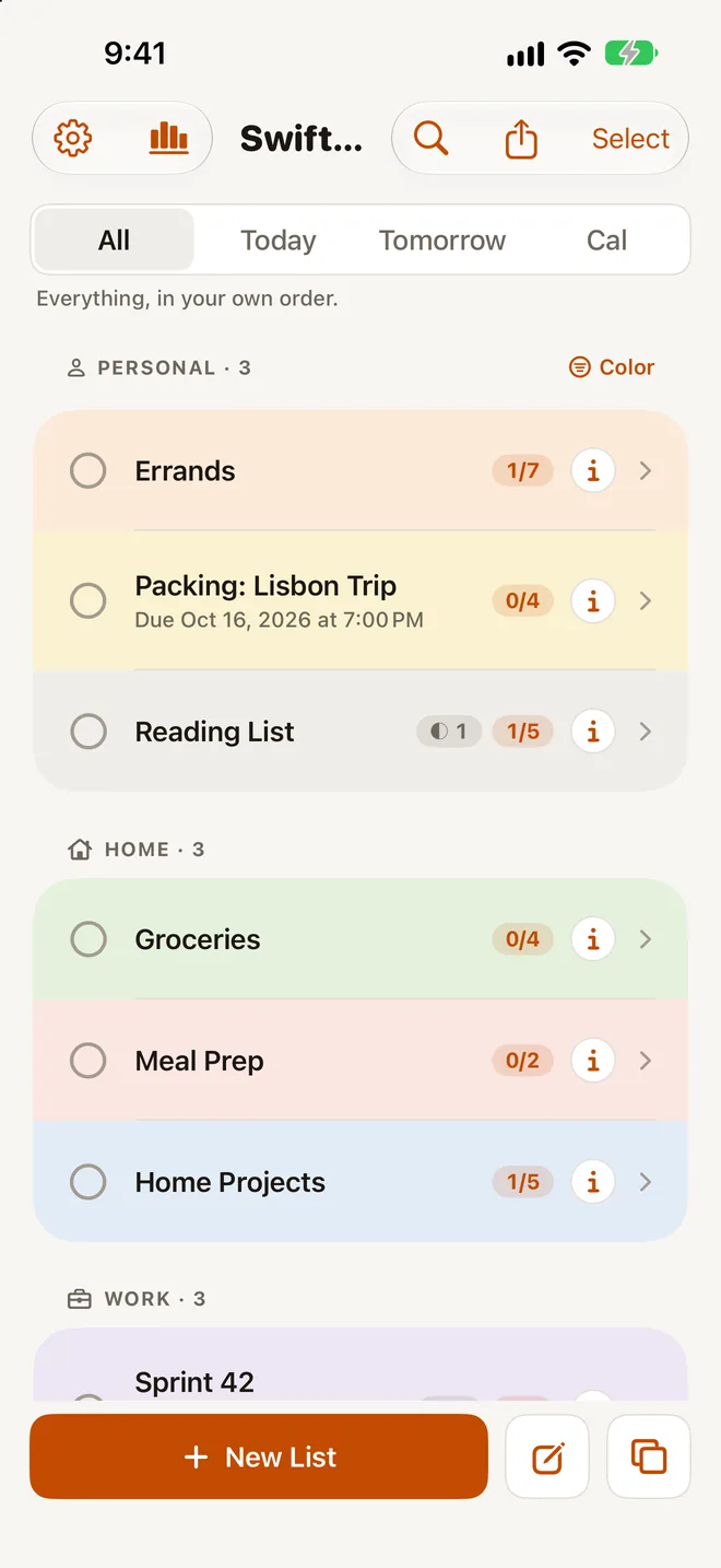 SwiftList on iPhone: all lists grouped into Personal, Home and Work, with colour tags and progress counts.